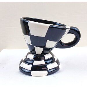 Lynda Corneille Hand-Painted Black & White Checkered Ceramic Mug With Pink Abstr